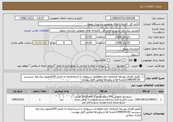 استعلام تکمیل فضای توسعه کتابخانه حاج ملاهادی سبزواری با اسنادخزانه به اعتبار 420میلیون ریال وبه سررسید 1399/04/30نقشه ها و براوردها مطابق فایل پیوست
