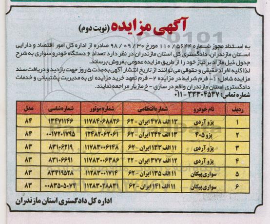 مزایده ، مزایده تعداد 6 دستگاه خودرو سواری  نوبت دوم 