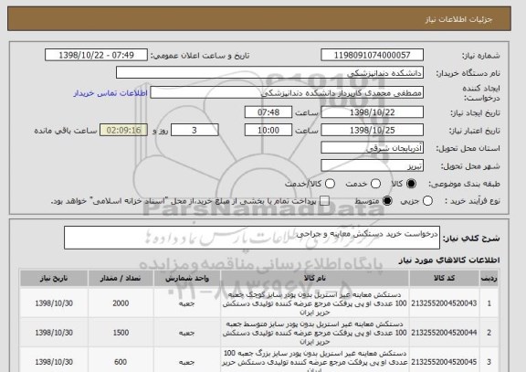 استعلام درخواست خرید دستکش معاینه و جراحی