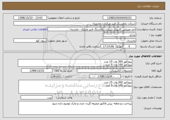 استعلام پروژکتور 300 وات 15 عدد
پروژکتور 100 وات 5 عدد