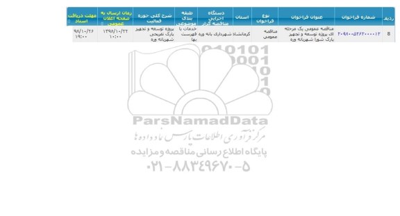 مناقصه، مناقصه پروژه توسعه و تجهیز پارک شورا 