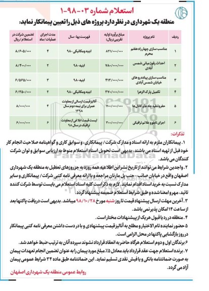 آگهی استعلام, استعلام مناسب سازی چهارراه 