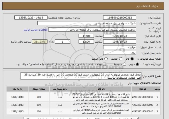 استعلام غلاف فیوز انفجاری مربوط به خازن 20 کیلوولت ، المنت فیوز 20 کیلوولت 30 آمپر  و المنت فیوز 20 کیلوولت 25 آمپر  مطابق مشخصات پیوست.