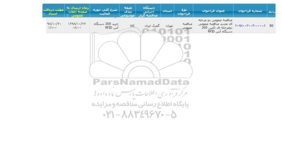 مناقصه, مناقصه تامین 1300 دستگاه  آنتن RFID