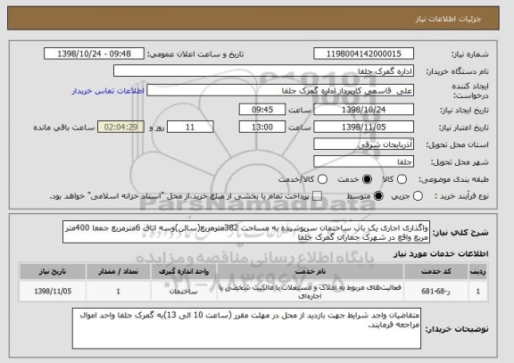 استعلام واگذاری اجاری یک باب ساختمان سرپوشیده به مساحت 382مترمربع(سالن)وسه اتاق 6مترمربع جمعا 400متر مربع واقع در شهرک جماران گمرک جلفا 