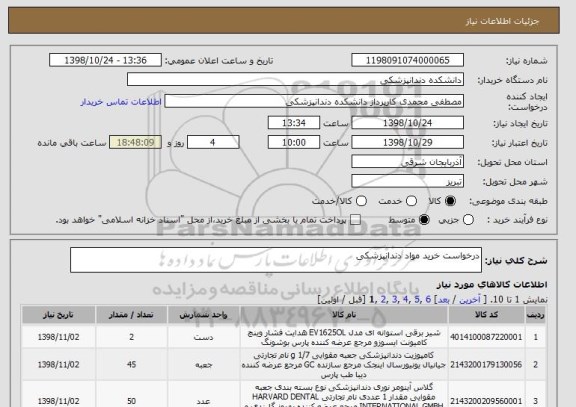 استعلام درخواست خرید مواد دندانپزشکی