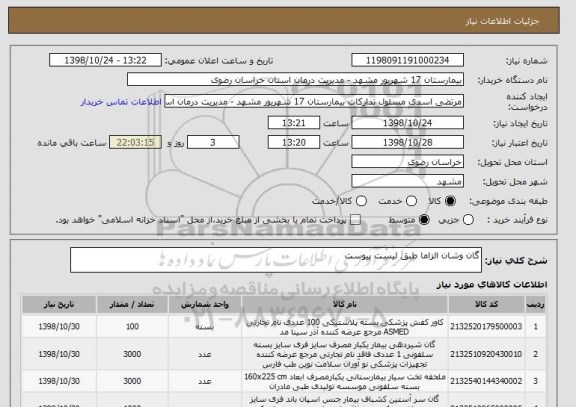 استعلام گان وشان الزاما طبق لیست پیوست