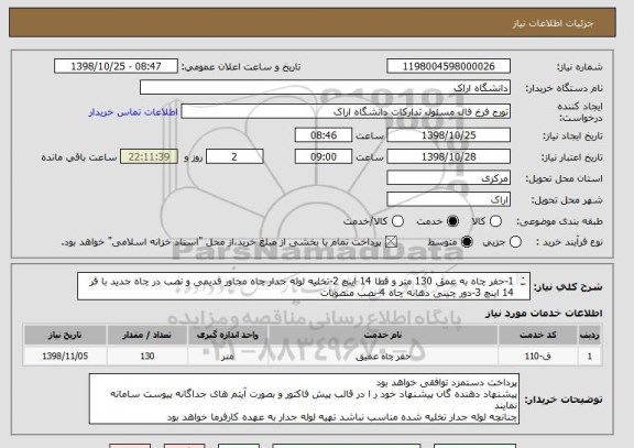 استعلام 1-حفر چاه به عمق 130 متر و قطا 14 اینچ 2-تخلیه لوله جدار چاه مجاور قدیمی و نصب در چاه جدید با قر 14 اینچ 3-دور چینی دهانه چاه 4-نصب منصوبات 
