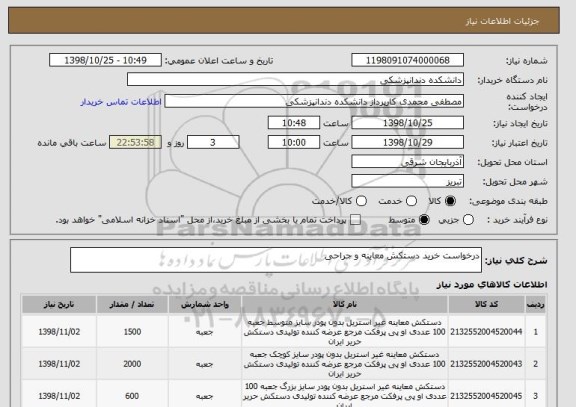 استعلام درخواست خرید دستکش معاینه و جراحی