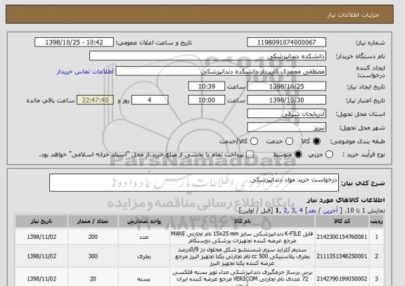 استعلام درخواست خرید مواد دندانپزشکی