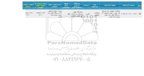 مناقصه ، مناقصه خرید حمل و تحویل 17 دستگاه هواساز 