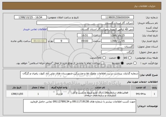 استعلام شماره گذاری، برداشت و ثبت اطلاعات علمک ها و مشترکین شهرستان های علی آباد کتول، رامیان و گرگان