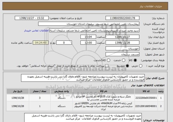 استعلام خرید تجهیزات کامپیوتری- به لیست پیوست مراجعه شود- اقلام دارای گارا نتی باشند-هزینه اسمبل بعهده فروشنده و در حضور کارشناس فناوری اطلاعات  مرکز میباشد