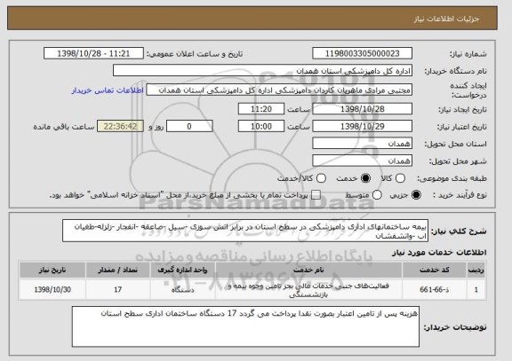 استعلام بیمه ساختمانهای اداری دامپزشکی در سطح استان در برابر اتش سوزی -سیل -صاعقه -انفجار -زلزله-طغیان اب -واتشفشان 