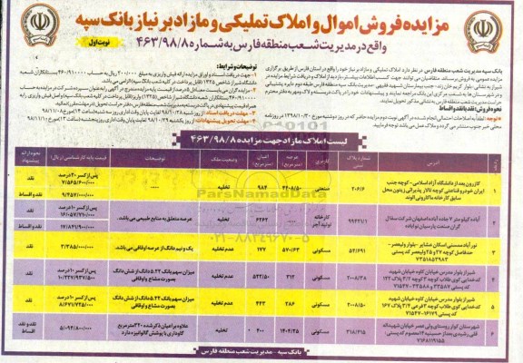 مزایده مزایده فروش اموال و املاک تملیکی مازاد نوبت اول 