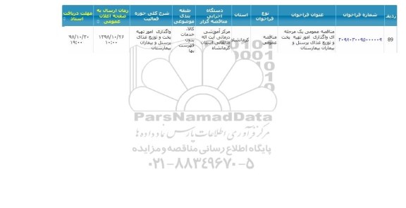 مناقصه واگذاری امور تهیه پخت و توزیع غذای پرسنل و بیماران 