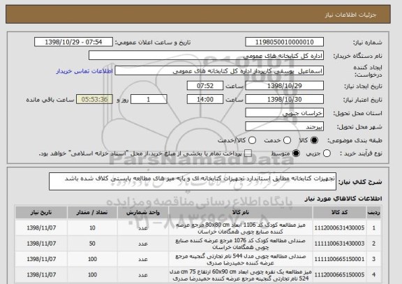 استعلام تجهیزات کتابخانه مطابق استاندارد تجهیزات کتابخانه ای و پایه میز های مطالعه بایستی کلاف شده باشد