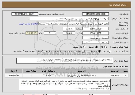 استعلام استعلام خرید تلویزیون ، وسایل برقی جانبی و هارد جهت ساختمان مرکزی شرکت