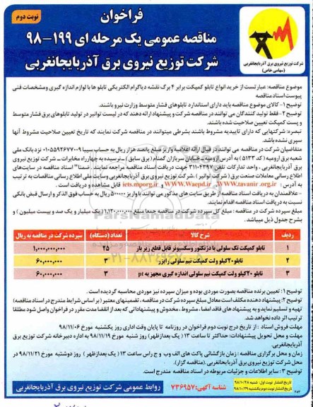 فراخوان مناقصه عمومی ,فراخوان مناقصه خرید انواع تابلو کمپکت - نوبت دوم 