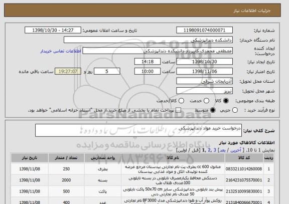 استعلام درخواست خرید مواد دندانپزشکی