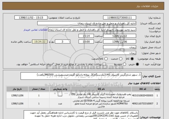 استعلام 1. سوپر شارژگریدر کاترپیلار 14G(یکدستگاه)2. پروانه رادیاتور گریدر میتسوبیشی MG500(یکعدد)