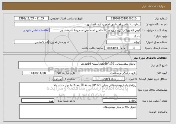 استعلام زیزانداز بیمارستانی 170*60بالدار بسته 10عددی 