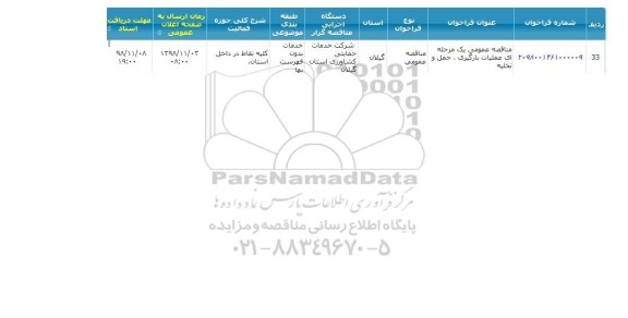 فراخوان مناقصه ,  مناقصه عمومی یک مرحله ای عملیات بارگیری