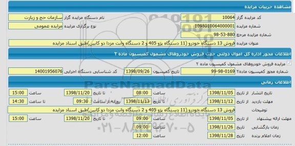 مزایده فروش 13 دستگاه خودرو