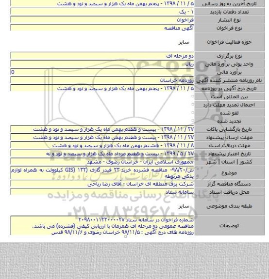 ش/۹۸/۲۰- مناقصه فشرده خرید ۲۳ فیدر گازی (GIS) ۱۳۲ کیلوولت به همراه لوازم یدکی مربوطه