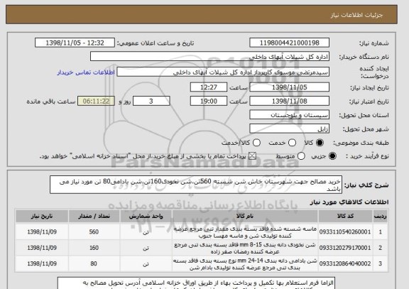 استعلام خرید مصالح جهت شهرستان خاش شن شسته 560تن،شن نخودی160تن،شن بادامی80 تن مورد نیاز می باشد