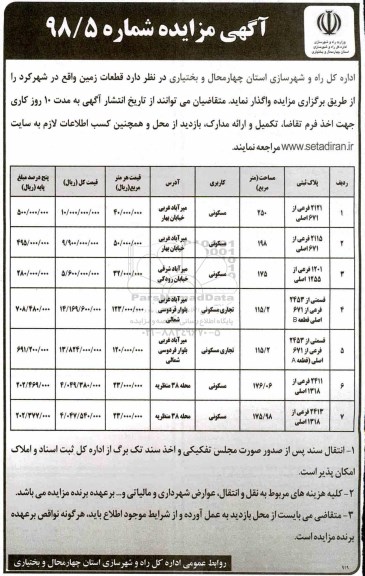 مزایده مزایده واگذاری قطعات زمین کاربری مسکونی