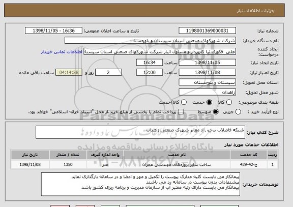 استعلام شبکه فاضلاب برخی از معابر شهرک صنعتی زاهدان  