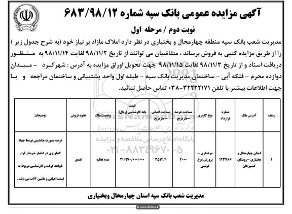 آگهی مزایده مزایده فروش املاک مازاد 4000 مترمربع نوبت دوم مرحله اول