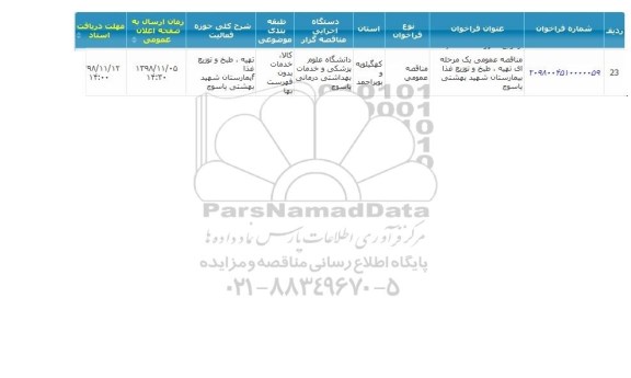 مناقصه, مناقصه  تهیه، طبخ و توزیع غذا بیمارستان 