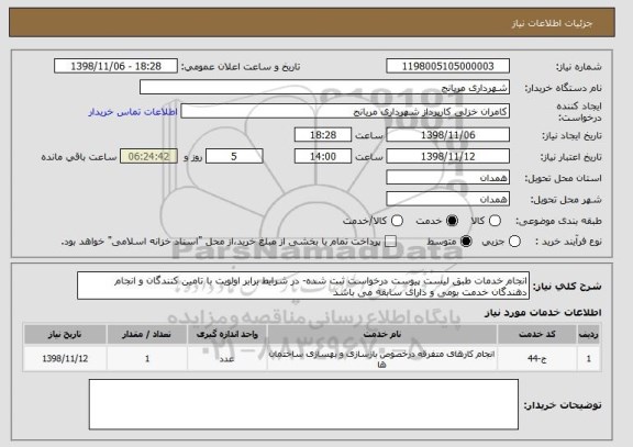 استعلام انجام خدمات طبق لیست پیوست درخواست ثبت شده- در شرایط برابر اولویت با تامین کنندگان و انجام دهندگان خدمت بومی و دارای سابقه می باشد