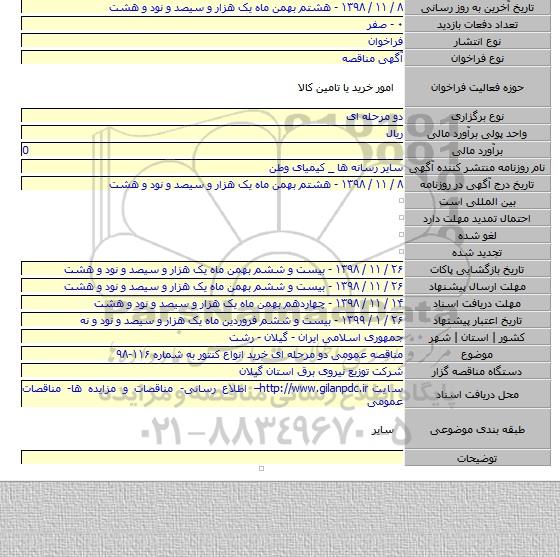 مناقصه عمومی دو مرحله ای  خرید انواع کنتور  به شماره ۱۱۶-۹۸