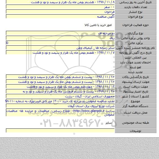 تجدید مناقصه عمومی دو مرحله ای  خرید ۱۳۰۰۰ متر کابل فیبر نوری به شماره ۱۱۰-۹۸