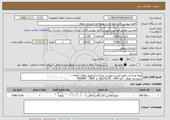 استعلام تهیه وساخت طبق لیست پیوست پرداخت از طریق اوراق خزانه ، 
سررسید اوراق  اخزا 804  ، 401/3/18  و  808 ، 400/8/7