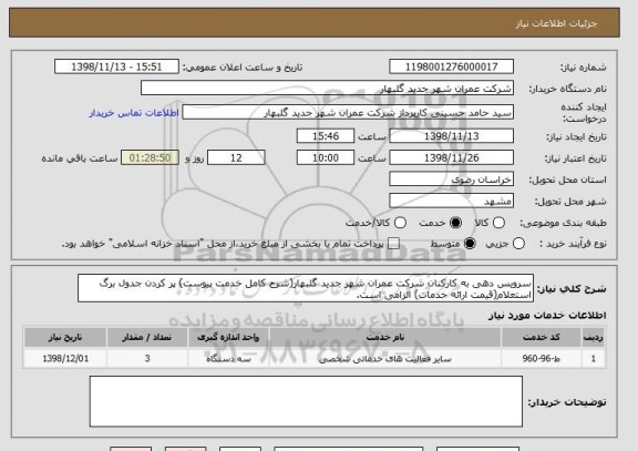 استعلام سرویس دهی به کارکنان شرکت عمران شهر جدید گلبهار(شرح کامل خدمت پیوست) پر کردن جدول برگ استعلام(قیمت ارائه خدمات) الزامی است.