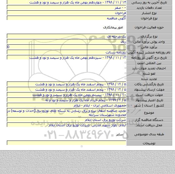 تجدید مناقصه انتقال نیرو و برق رسانی به شبکه های توزیع برق(احداث و توسعه) در محدوده شهرستان سرابله