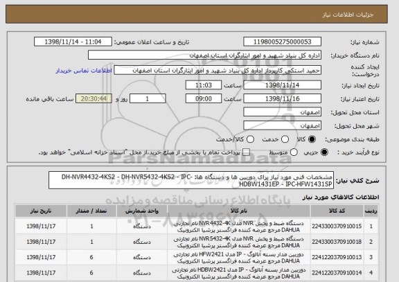 استعلام مشخصات فنی مورد نیاز برای دوربین ها و دستگاه ها: DH-NVR4432-4KS2 - DH-NVR5432-4KS2 - IPC-HDBW1431EP - IPC-HFW1431SP