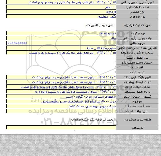 خرید ۱۷۰۰۰مترانواع کابل فشارضعیف مسی وآلومینیومی