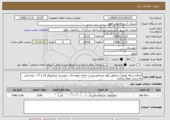 استعلام اصلاح شبکه توزیع آب مناطق کوی مشعلی پشت خیابان مرمت 3 – درویشیه خیابانهای 16 و 17 – زویه ملی راه و چند نقطه پراکنده