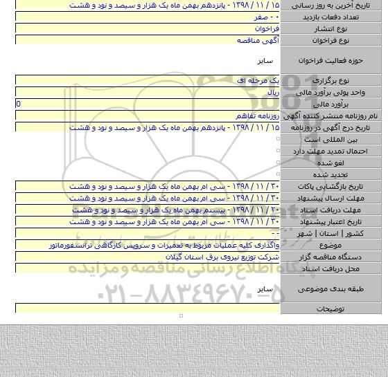 واگذاری کلیه عملیات مربوط به تعمیرات و سرویس کارگاهی ترانسفورماتور