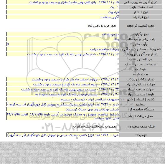 خرید ۲۷۲۴۰۰ عدد انواع کلمپ ،بندپلاستیکی و درپوش کابل خودنگهدار (در سه گروه )