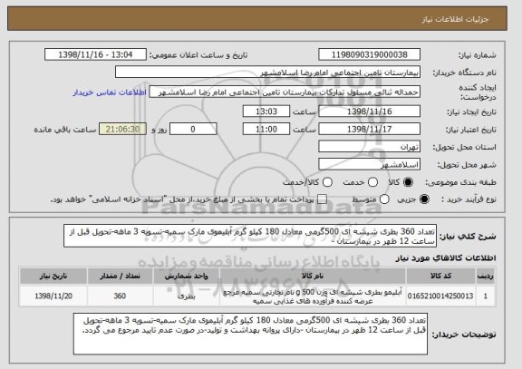 استعلام تعداد 360 بطری شیشه ای 500گرمی معادل 180 کیلو گرم آبلیموی مارک سمیه-تسویه 3 ماهه-تحویل قبل از ساعت 12 ظهر در بیمارستان -