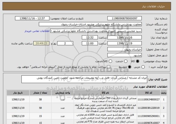 استعلام ایران کد مشابه / صندلی گردان -فایل و... /به توضیحات مراجعه شود /اولویت تامین کنندگان بومی 