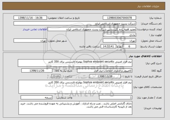 استعلام نرم افزار امنیتی Sophos endpoint security بهمراه لایسنس برای 350 کاربر