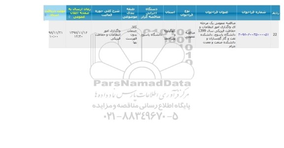 مناقصه ، مناقصه واگذاری امور انتظامات و حفاظت فیزیکی