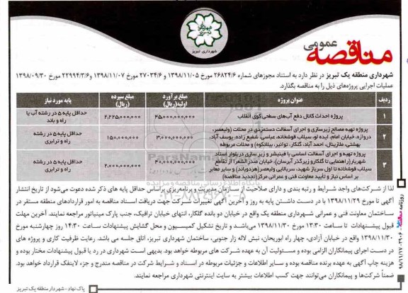 مناقصه عمومی, مناقصه پروژه احداث کانال دفع آب های سطحی و...